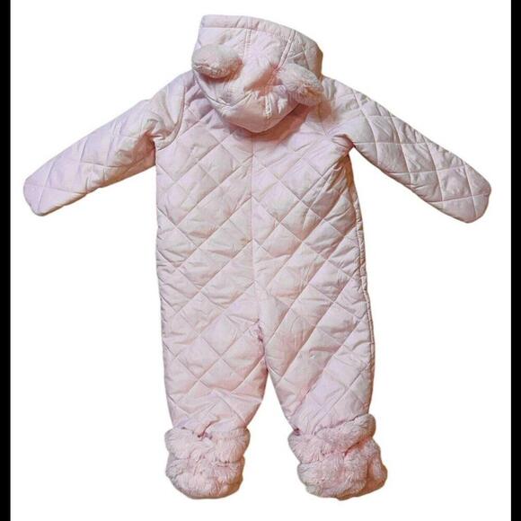 First Impressions Quilted Faux Fur Detachable Footed Hood Snowsuit Baby Pink 12M - Picture 7 of 8